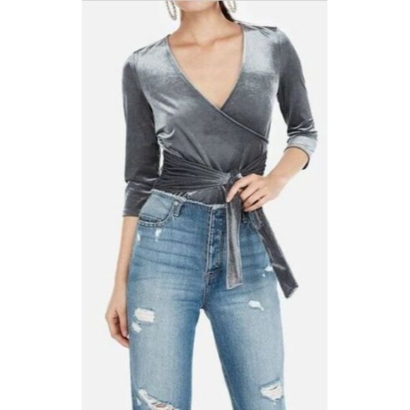 Express One Eleven XS Silver Gray Velvet Ribbed Wrap Shirt tie top blouse 0-2 - Picture 3 of 11